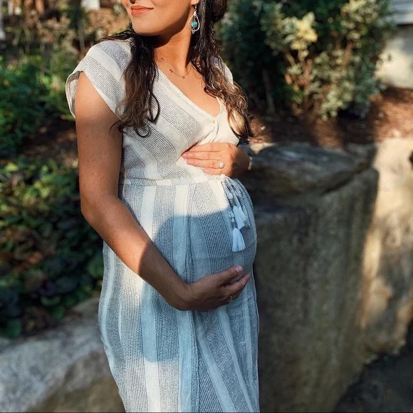 New Blue Island Silver White Wrap Maxi Dress Striped Glitter V Neck Spring - Picture 3 of 16